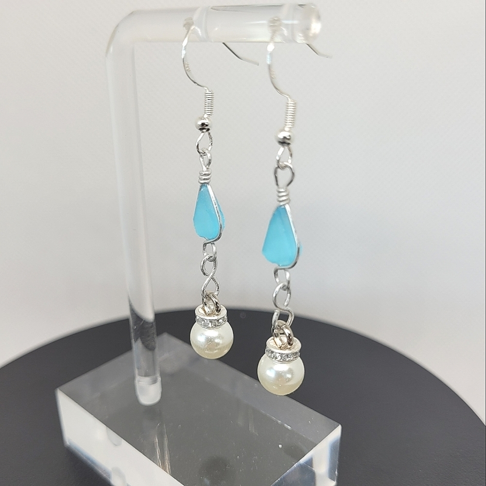 Handmade turquoise drops , faux ivory pearls & rhinestones, 925 silver earrings